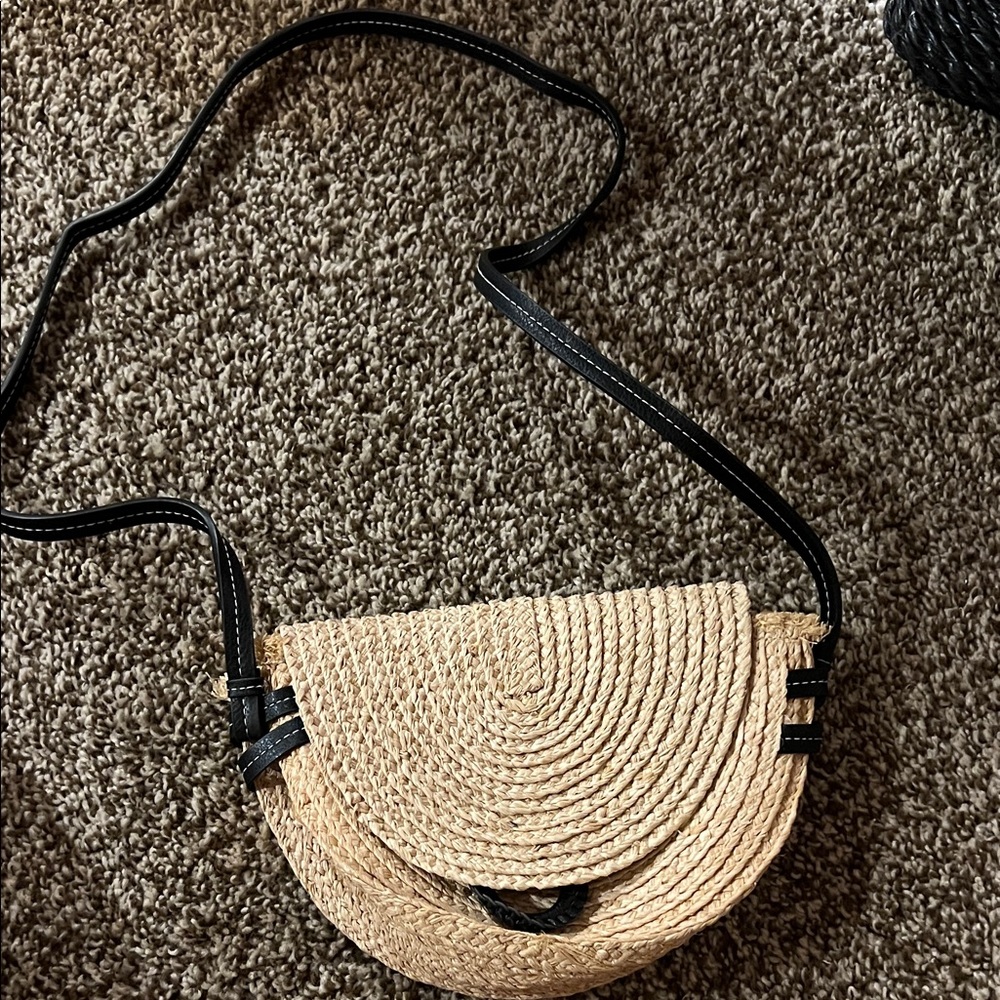 Zara Natural and Black Woven Crossbody Bag